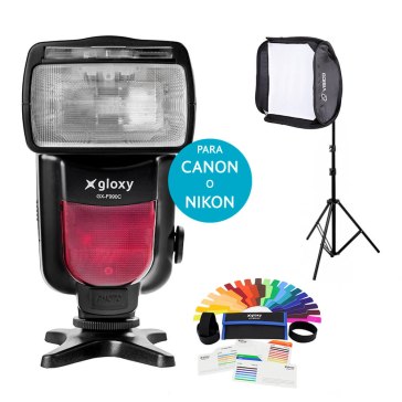 Gloxy GX-F990 Flash + Softbox + Flash Support + Gels for Nikon D7100
