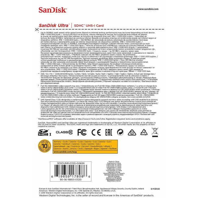 SanDisk Ultra 32Go carte mémoire SD 90Mo/s Class 10 UHS-I SD Full